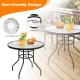 Round 32-inch patio table with tempered glass top and umbrella hole, featuring a black steel frame for outdoor use.