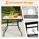 32-inch square patio table with tempered glass top, black steel frame, featuring a 4 cm umbrella hole for outdoor use.