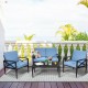 Patio furniture set featuring two cushioned sofas and a side table, perfect for outdoor lounging in the garden.