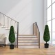 Two 3-foot artificial tower topiary trees in pots, UV resistant for indoor or outdoor decor, enhancing stairway.