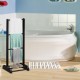 Freestanding black towel rack made of acacia wood with 3 bars and bottom shelf, ideal for organized bathroom storage.