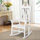 White high back rocking chair made of acacia wood, designed for indoor and outdoor use, ideal for patios and balconies.