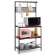 4-tier kitchen rack stand with wooden shelves, mesh panel, and 11 hooks for convenient storage and organization.