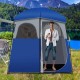 Double-room camping toilet tent in blue with mesh design, waterproof fabric, and sturdy steel frame for outdoor use.