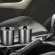 Two 30oz stainless steel tumblers with lids in a car cup holder, featuring double wall vacuum insulation for.