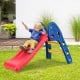 Children's folding plastic slide in red and blue, featuring easy climb steps and safety handrails for ages 3-6.