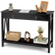 Black console table with two drawers and open shelf, made of painted MDF and wood, ideal for entryway or living room.