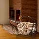 30-inch black powder-coated steel log hoop firewood storage rack, designed for indoor or outdoor use by the fireplace.