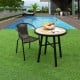 29-inch round patio bistro table with wood-like top and sturdy steel frame, ideal for outdoor dining by the pool.