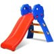 Kids plastic folding slide with basketball hoop, red and blue, features non-slip steps and safe design for indoor play.
