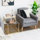 2-tier end side table with metal frame, marble patterns, and adjustable foot pads for living room storage.