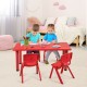 Kids playing at a red plastic rectangular table, ideal for preschools and home use, designed for ages 3 to 8.