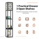 Modern standing shelf lamp featuring 3 open shelves, 1 drawer, 1 power outlet, and 2 USB ports for convenient charging.