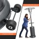 Close-up of the outdoor propane heater's built-in wheels for easy transport and stability, featuring a sleek gray.