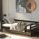 Twin size dark brown trundle platform bed frame with slatted decor, ideal for multifunctional use in any room.