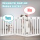 Freestanding 24-inch wooden dog gate in white, designed for small pets, with flexible hinges for easy placement.