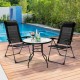 Two black portable patio folding dining chairs with adjustable headrests, set by a pool for outdoor relaxation.