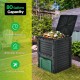 80-gallon outdoor composter in green with large open lid and bottom exit door for easy composting and fertilizer access.