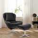 Black 360° swivel leather lounge chair with ottoman, featuring a stable aluminum alloy base for ultimate comfort.