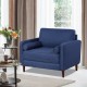 Oversized linen club armchair in blue with rubber wood legs and side pillows, perfect for modern living spaces.