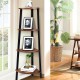4-tier corner shelf in brown with metal frame, ideal for storage in compact spaces like living rooms and studies.