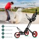 Folding 3-wheel golf push cart with adjustable handle, premium aluminum frame, and large storage for golf equipment.