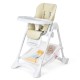 Beige baby convertible folding high chair with adjustable backrest, storage basket, and safety harness for infants.