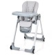 Gray baby folding high chair with adjustable height, removable cushion, and wheels for easy movement and storage.