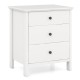 White 3-drawer wooden nightstand with smooth metal slides and easy-grip knobs, perfect for bedroom or living room use.