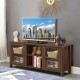 Walnut TV stand with storage cabinets, featuring a spacious top for up to 65" TVs and adjustable shelves for versatile.