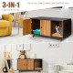 Modern 3-in-1 cat litter box enclosure in brown, featuring double doors and a scratching pad for added fun.
