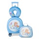Cozy blue neck pillow and colorful luggage tag complement the 14" hardside spinner suitcase and 10" backpack for travel.