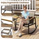 Ergonomic patio rocking chair with wood-plastic armrests and breathable fabric seat, perfect for porch relaxation.