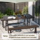 Outdoor picnic table and benches set for 6 people, featuring a wood-like surface and sturdy triangular structure for.