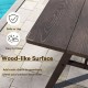 Wood-like surface of the outdoor picnic table, showcasing its smooth finish and rounded corners for easy cleaning.