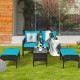 Turquoise 5 pcs patio rattan sofa set with cushions, including 2 ottomans and a glass-top tea table for outdoor.