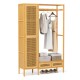 Bamboo clothing rack with cabinet and drawers, featuring a hanging rod and ample storage for organized clothing.