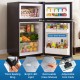 Mini fridge with freezer, adjustable thermostat, and removable glass shelves, perfect for small spaces like dorms.