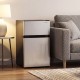 Silver 3.2 cu.ft mini fridge with double doors, featuring interior LED light and adjustable foot pads for stability.