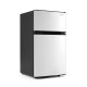 Compact 3.2 cu.ft silver mini fridge with freezer, adjustable thermostat, and removable shelves for small spaces.