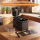 Electric stainless steel deep fryer with removable lid, oil tank, and baskets for easy cleaning and dishwasher safe use.