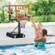 Portable adjustable outdoor basketball hoop in black and red, set at 3.3-7 ft, ideal for kids' play and practice.