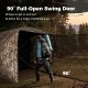 90° full-open swing door of the 3-4 person hunting blind for easy access, featuring a camouflage design for concealment.