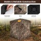 Close-up of the sturdy wind ropes and metal ground stakes anchoring the 3-4 person hunting blind for stability in.