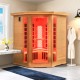 Far infrared wooden sauna room for 3-5 people with mica heating plates, RGB lighting, and Bluetooth speakers.