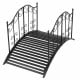 Garden metal bridge with slatted walkway and ornate side rails, designed for stability and enhancing outdoor landscapes.