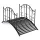 Garden metal bridge with decorative dual patterned side rails, raised design for landscaping focal points and stability.