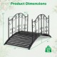 Garden metal bridge dimensions showing reinforced arched frame, dual patterned side rails, and slatted walkway for.