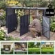 3-bin metal trash can storage shed in dark gray with flip-up lids, ideal for outdoor use in patios and lawns.