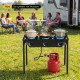 Three-burner propane stove with adjustable regulator and hose, perfect for camping BBQ and outdoor cooking.